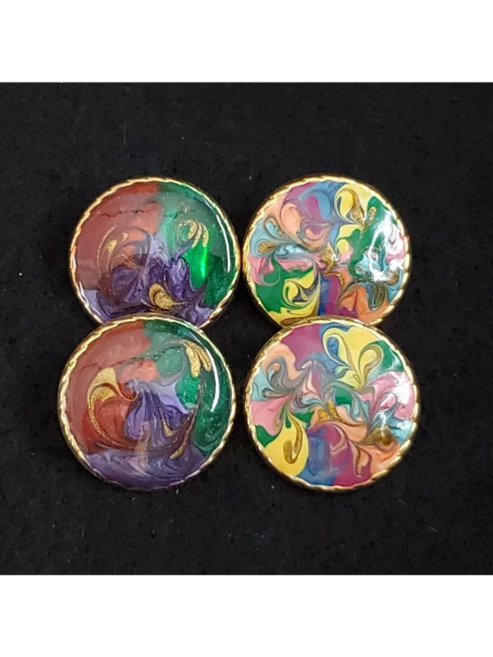 Vintage Enamel Earrings Colorful Swirl Round Pierced 2pr Retro 80s 1 1/8" - Picture 2 of 6